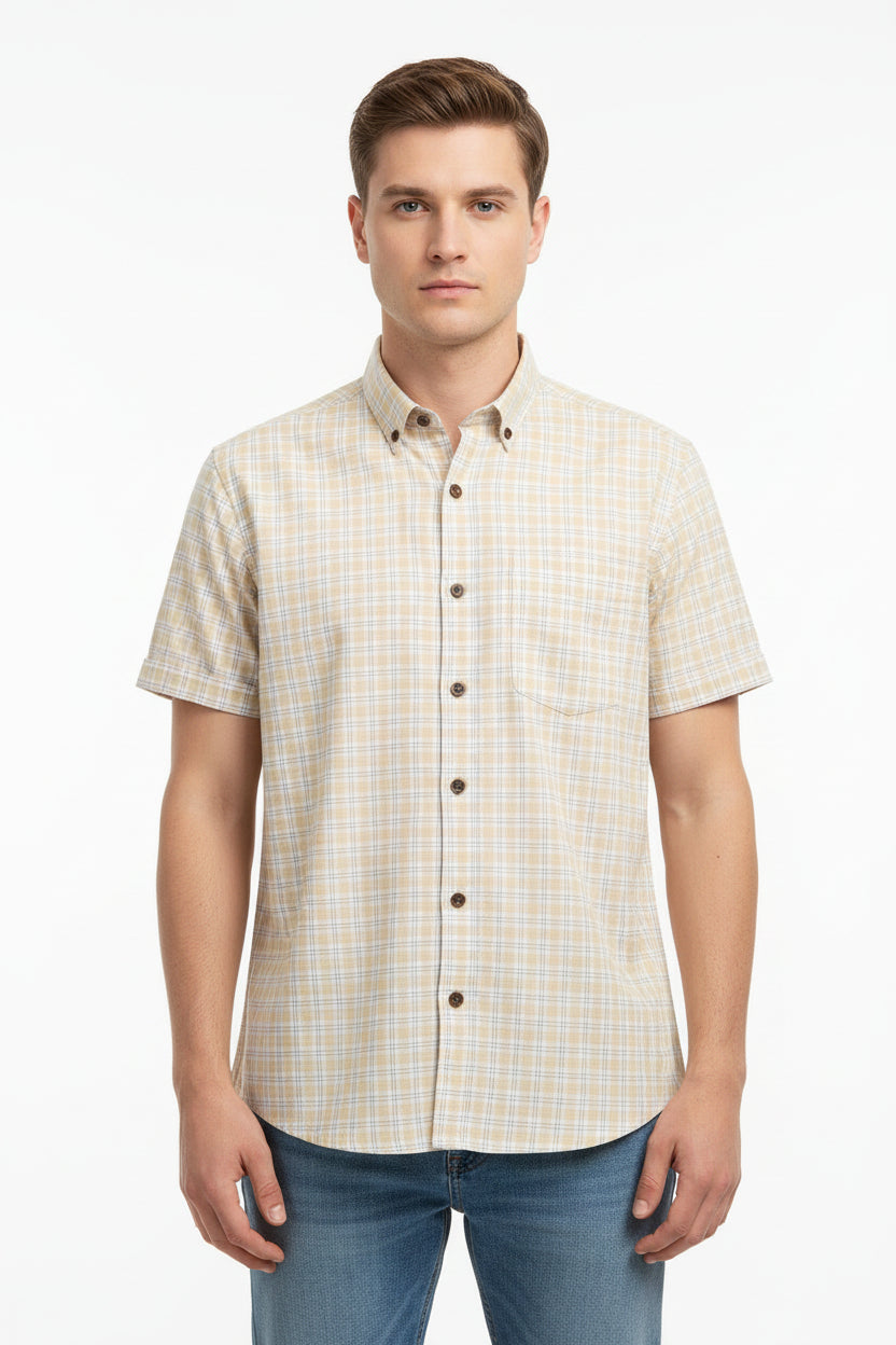 Light orange Arvind cotton checks unstitched shirting fabric, featuring a classic pattern suitable for custom shirts.