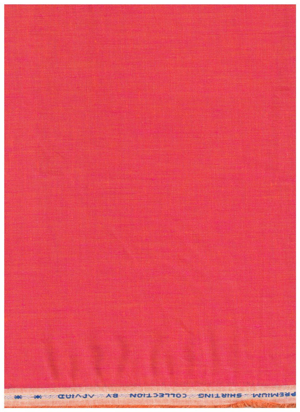 A close-up of a solid pink fabric swatch with a woven texture and a narrow printed header at the top reading 'PREMIUM SHIRTING COLLECTION BY ARVIND'.