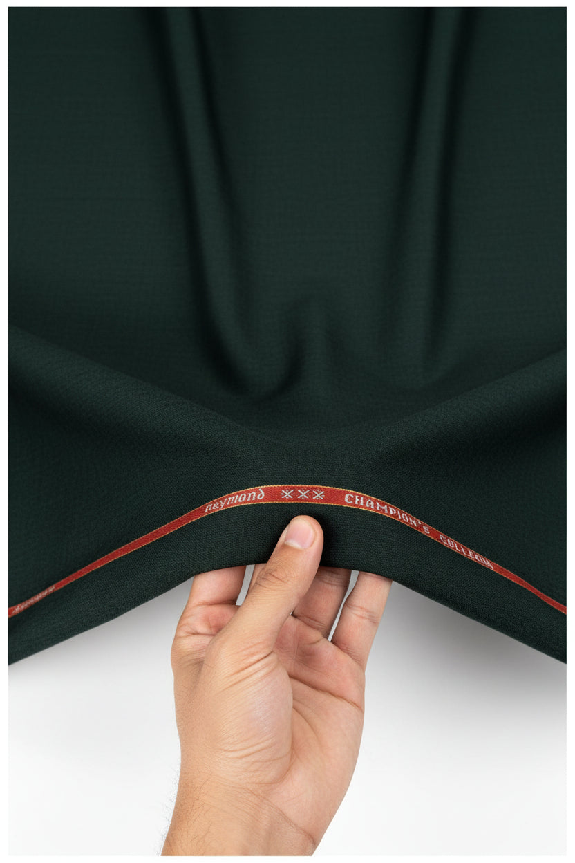 Green Spinach Raymond Luxurious Unstitched Polywool Trousers and Suiting Fabric, fabric swatch with detailed weave pattern