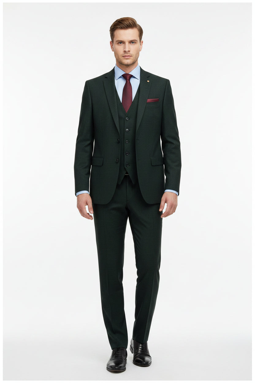 Raymond Luxurious unstitched polywool trousers and suiting fabric in green spinach, soft, woven textile for custom tailoring.