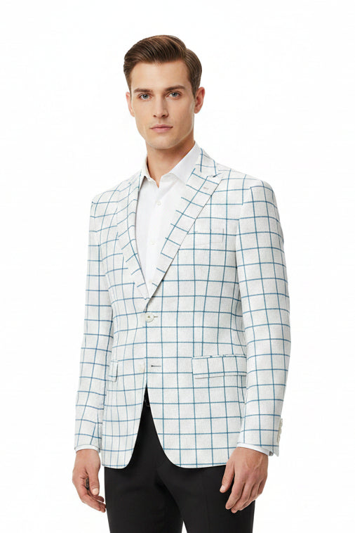 Raymond Luxurious unstitched poly wool blazer fabric with blue checks on white, ideal for tailoring stylish blazers or jackets.