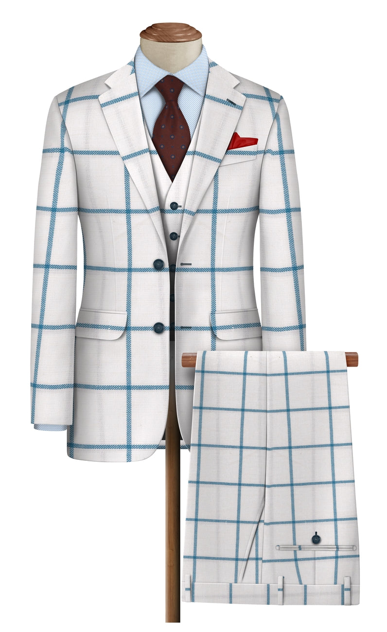 Raymond Luxurious Unstitched Polywool Trousers & Suiting Fabric ( Blue Checks on White )