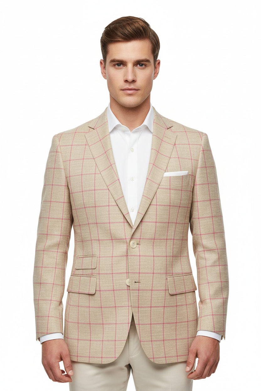Raymond Luxurious unstitched polywool blazer fabric with pink checks on beige, ideal for tailoring and custom blazers.