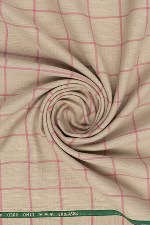 Raymond Luxurious unstitched polywool blazer fabric with pink checks on beige, ideal for tailored blazer creation.