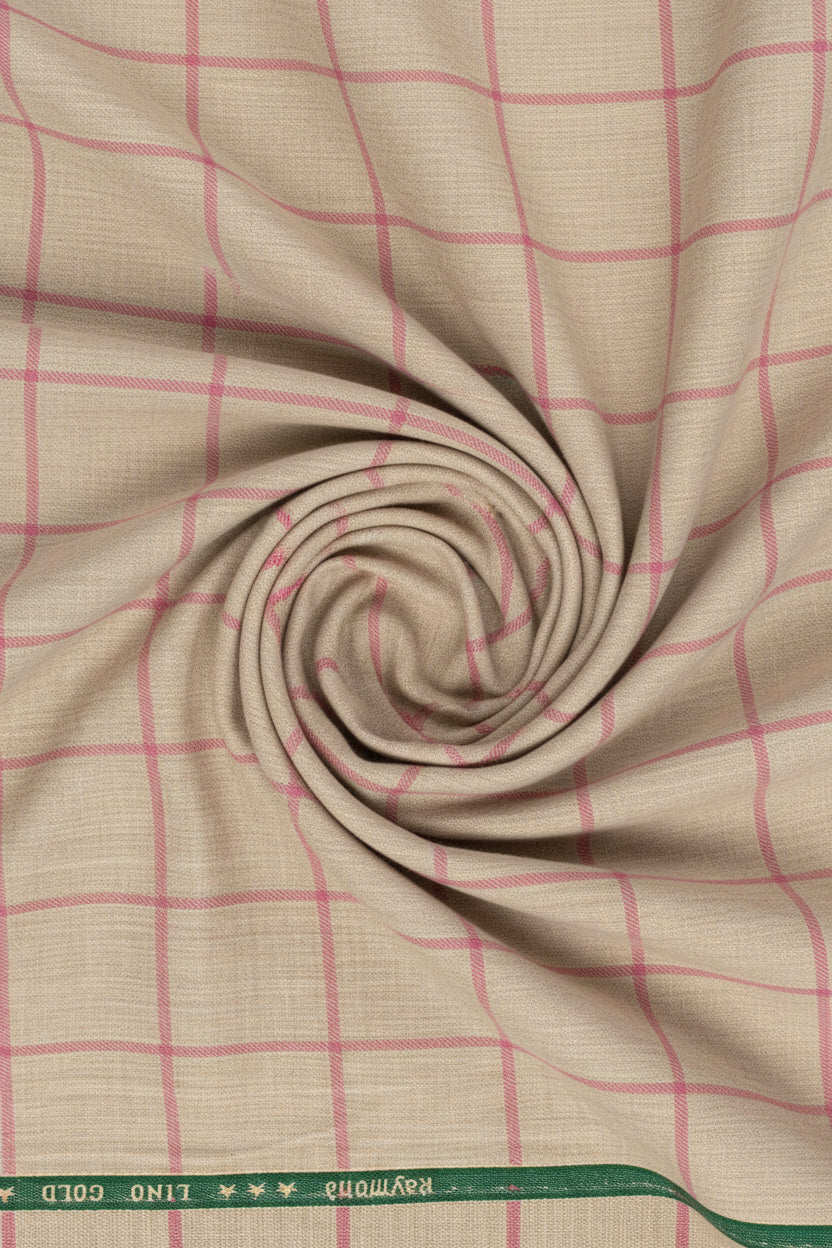 Raymond Luxurious unstitched polywool blazer fabric with pink checks on beige, ideal for tailored blazer creation.
