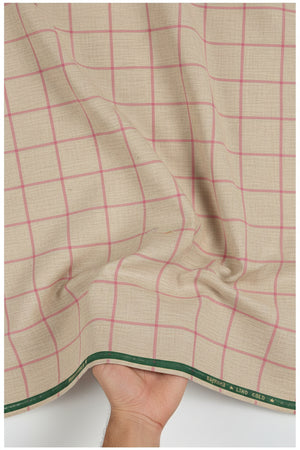 Raymond Luxurious Polywool blazer fabric in pink checks on beige, unstitched material for tailoring or suit making.
