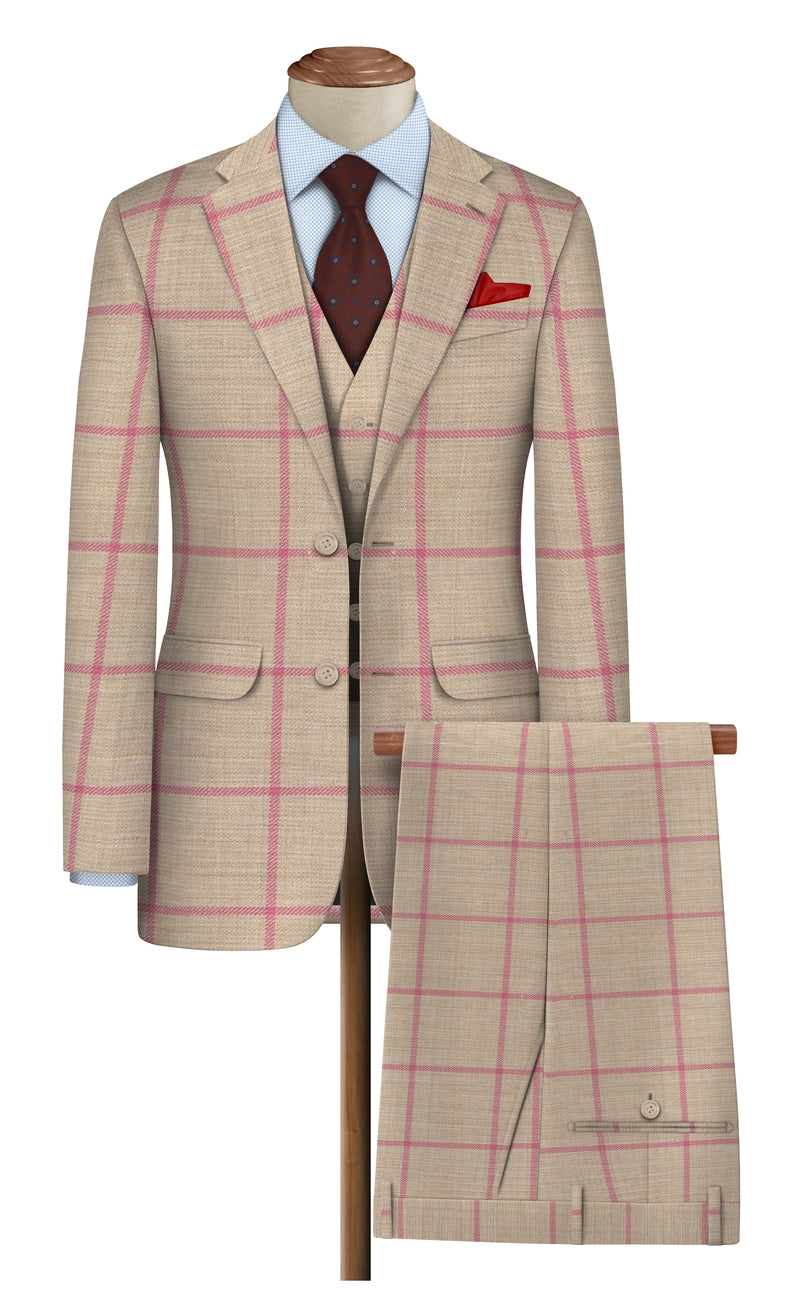 Raymond Luxurious Unstitched Polywool Trousers & Suiting Fabric ( Pink Checks on Beige )