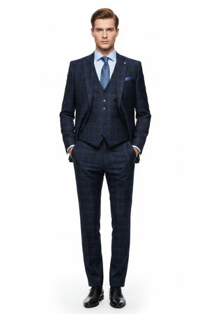 Raymond navy blue unstitched checks poly wool fabric for trousers and suiting, shown in close-up detail.