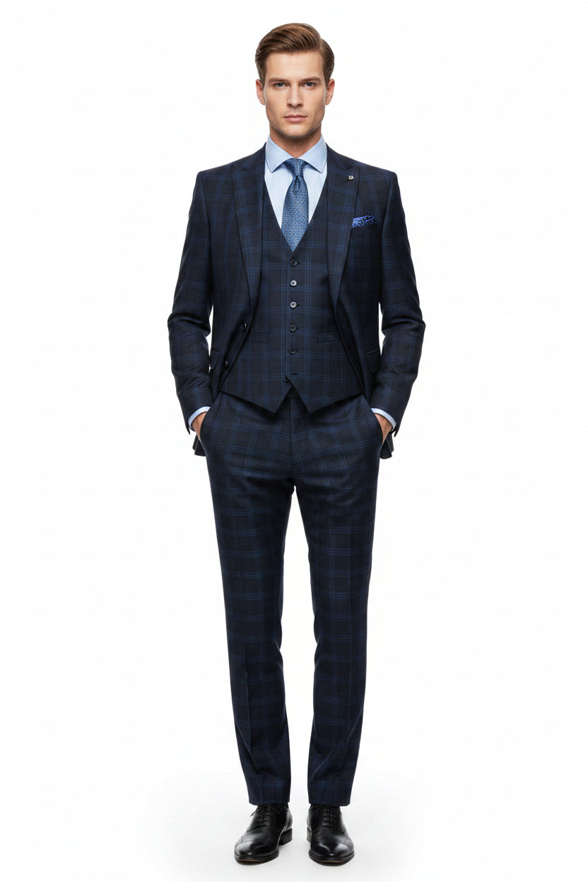 Raymond navy blue unstitched checks poly wool fabric for trousers and suiting, shown in close-up detail.