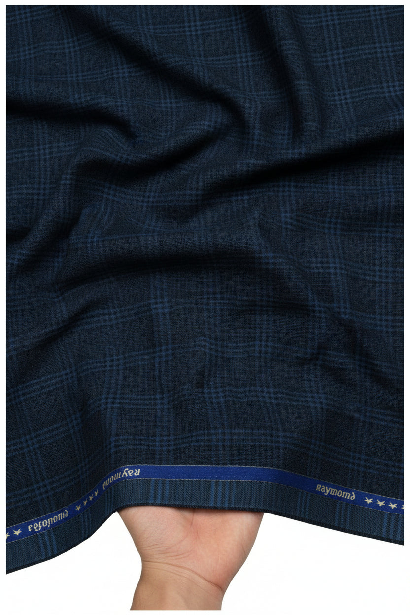 Raymond navy blue unstitched checks poly wool fabric for trousers and suiting, featuring a luxurious textured pattern.