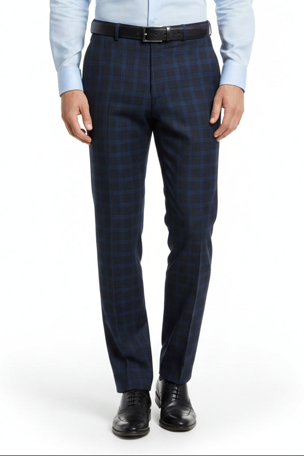 Raymond luxurious navy blue unstitched checks poly wool trousers and suiting fabric, fabric close-up showing detailed pattern and texture.