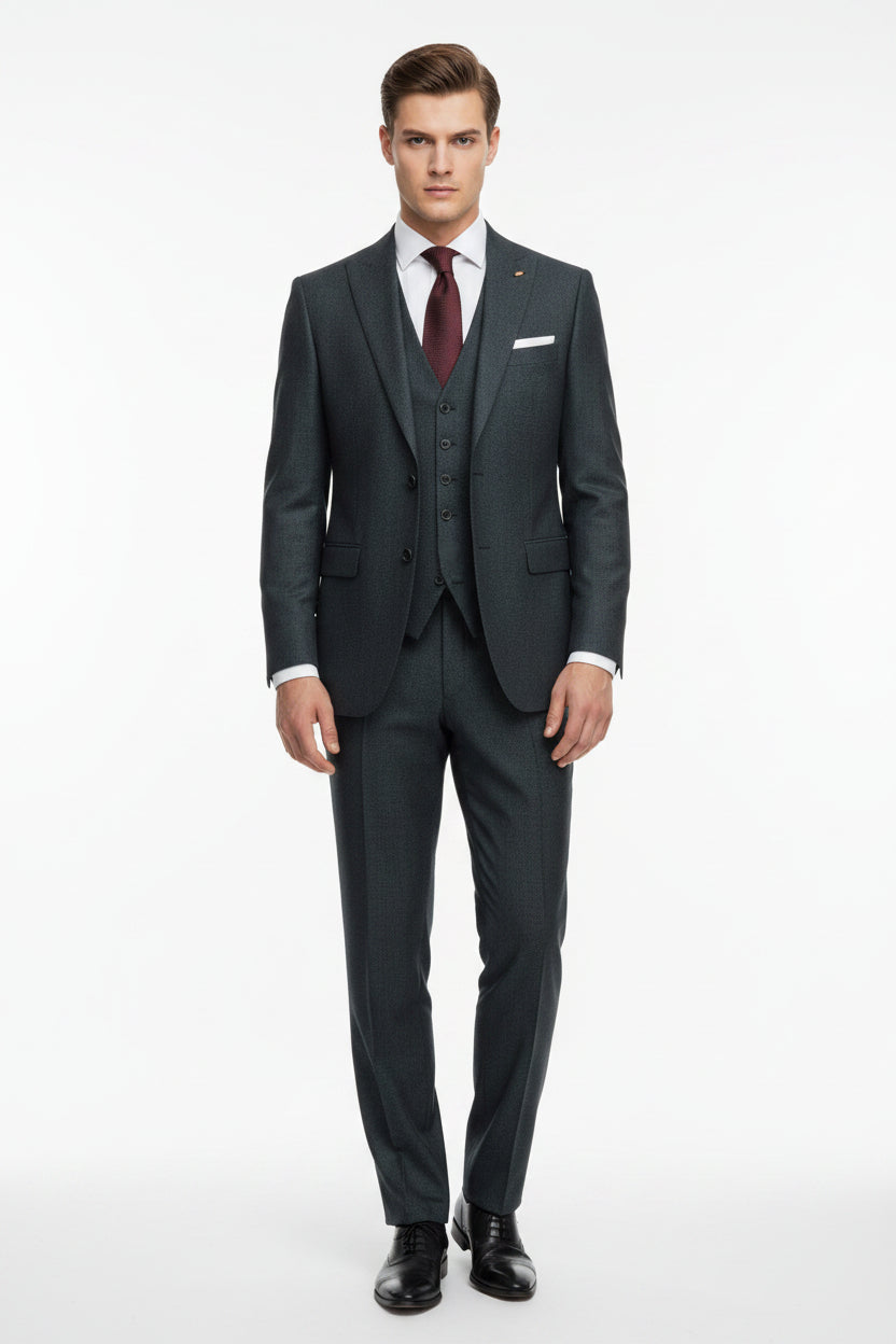 Grey Raymond polywool trousers and suiting fabric fabric with a smooth texture and tailored appearance, suitable for formal wear.