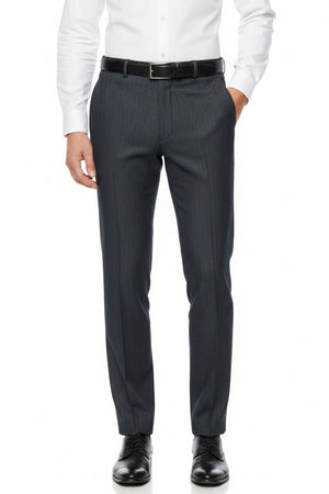 Gray Raymond polywool trousers and suiting fabric, close-up of textured fabric with tailored finish.