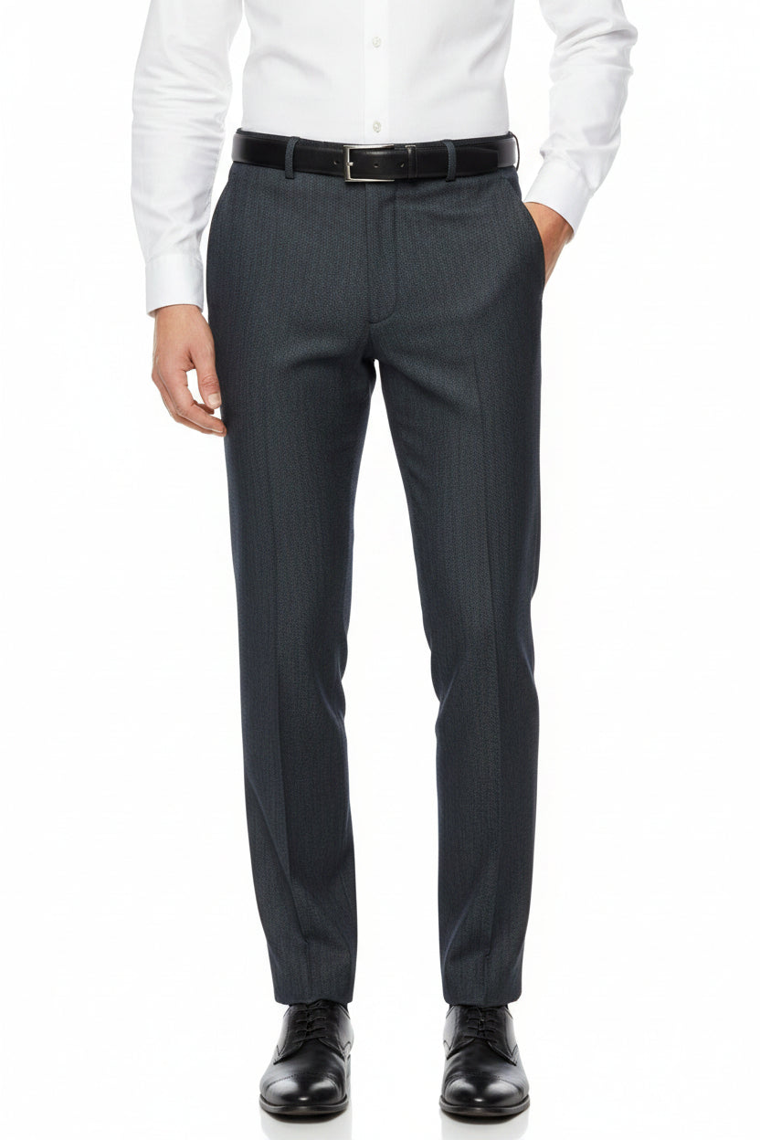 Gray Raymond polywool trousers and suiting fabric, close-up of textured fabric with tailored finish.