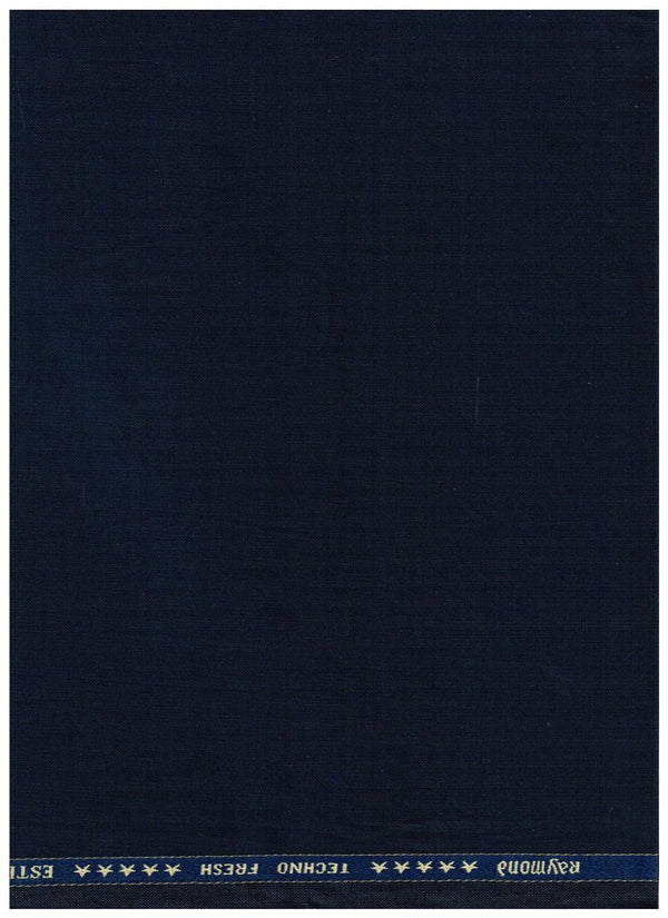 Navy blue Raymond Techno Fresh cotton wool suiting fabric, close-up view showing the textured textile material.