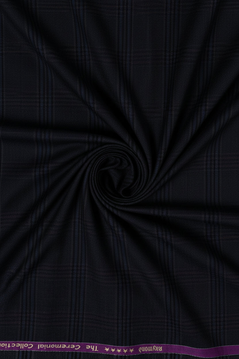 Raymond Luxurious Unstitched Poly Wool 100's fabric for trousers and suiting in dark brown check pattern.
