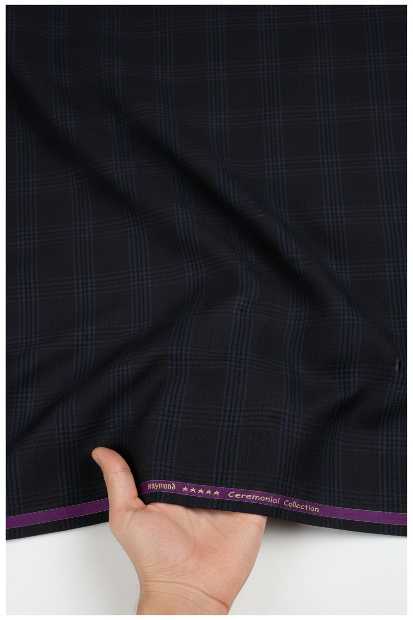 Raymond Luxurious Unstitched Poly Wool 100's Trousers and Suiting Fabric in dark brown checks, ideal for custom tailoring.