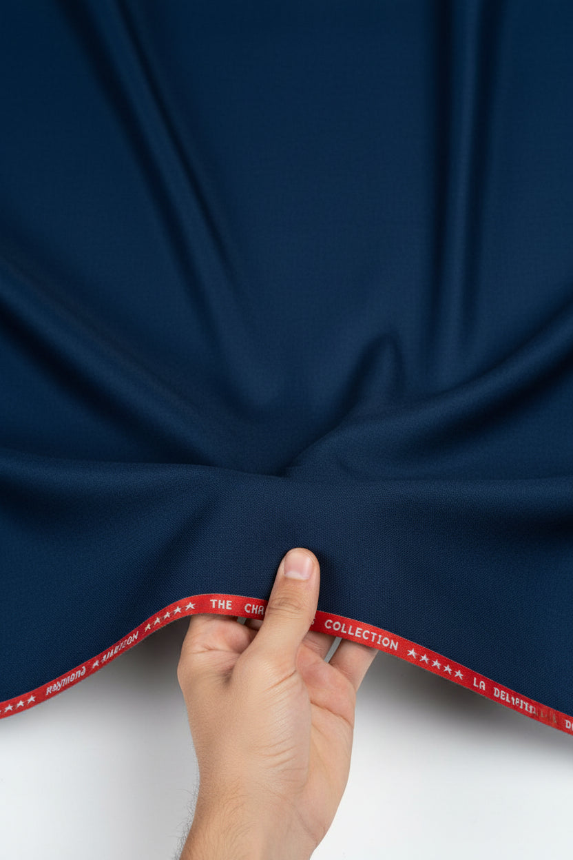 Raymond luxurious royal blue poly wool trouser and suiting fabric, unstitched material for tailoring or suit making.