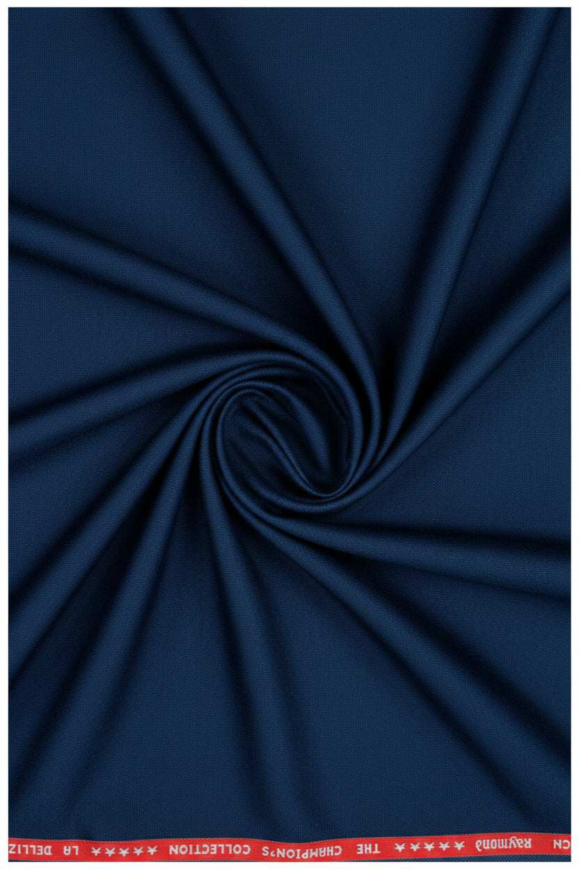 Raymond luxurious royal blue poly wool trousers and suiting fabric, unstitched, with a smooth woven texture and rich color.