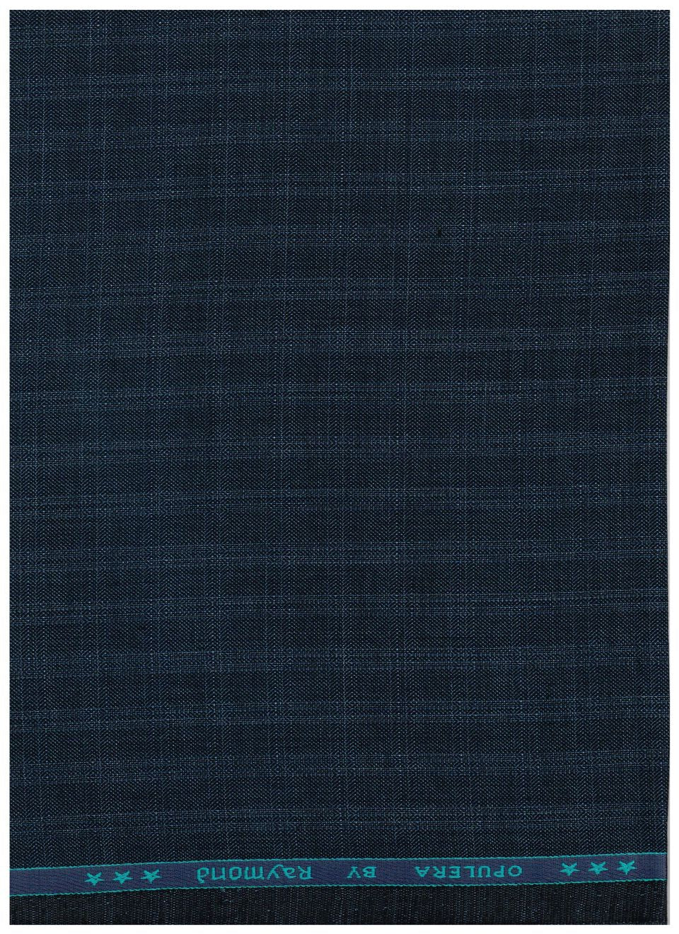 A close-up of dark navy blue woven fabric with a subtle plaid pattern, featuring a teal blue top border printed with the text 'OPULERA BY Raymond' and small star motifs.