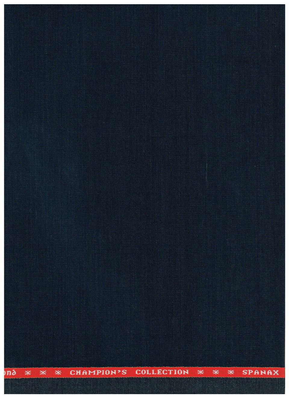 A dark navy blue fabric sample with a red Champion's Collection stripe along the top edge featuring white text and star motifs.