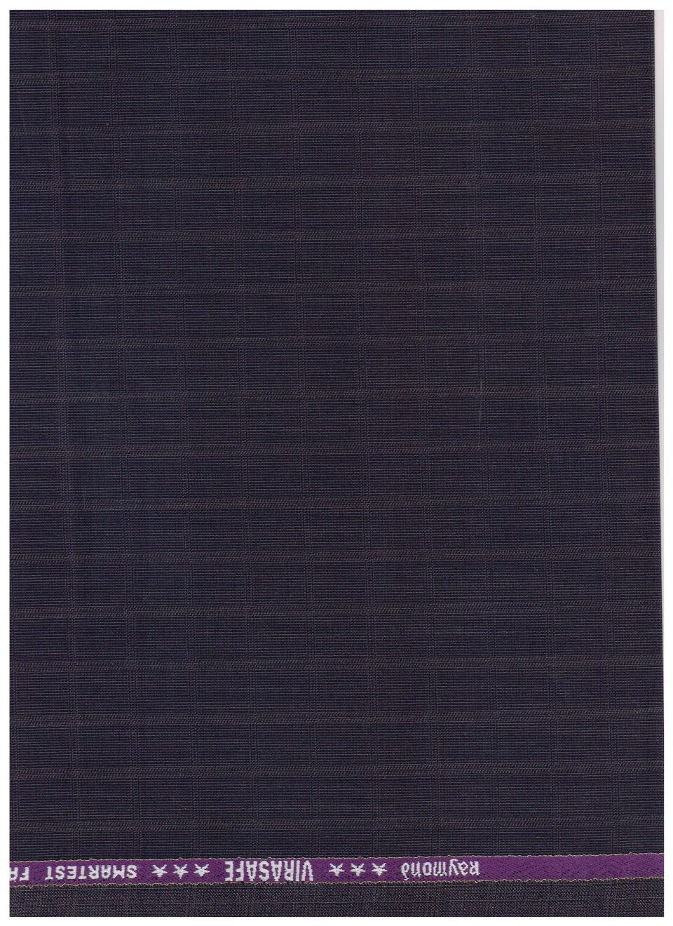 A dark navy blue textured fabric panel with a purple stripe at the top containing the text 'raymond VIRASAFE SMARTEST'.