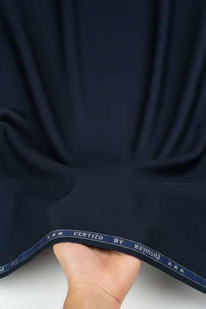 Navy blue Raymond unstitched polyviscose trousers and suiting fabric, fabric texture visible, ideal for custom tailoring.