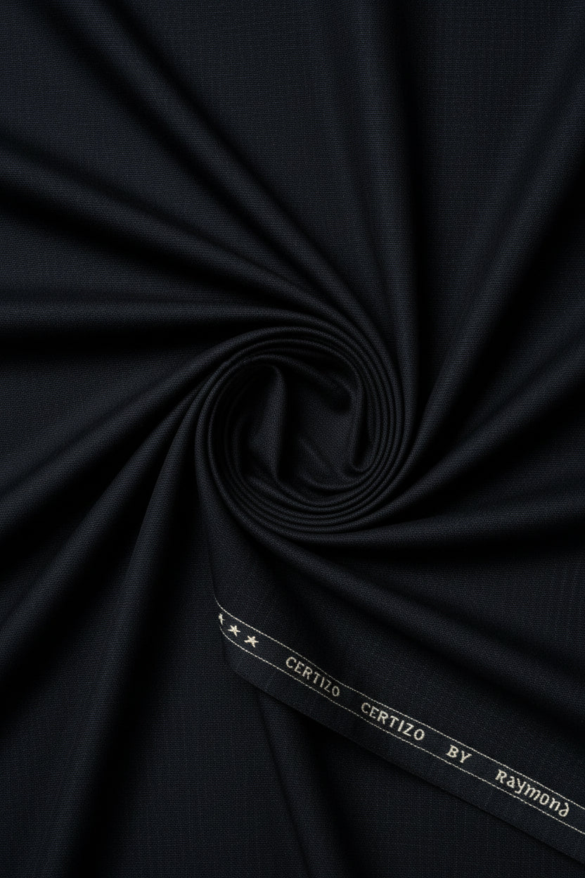 Black Raymond unstitched polyviscose trousers and suiting fabric shown laid flat, suitable for tailoring and formal wear.