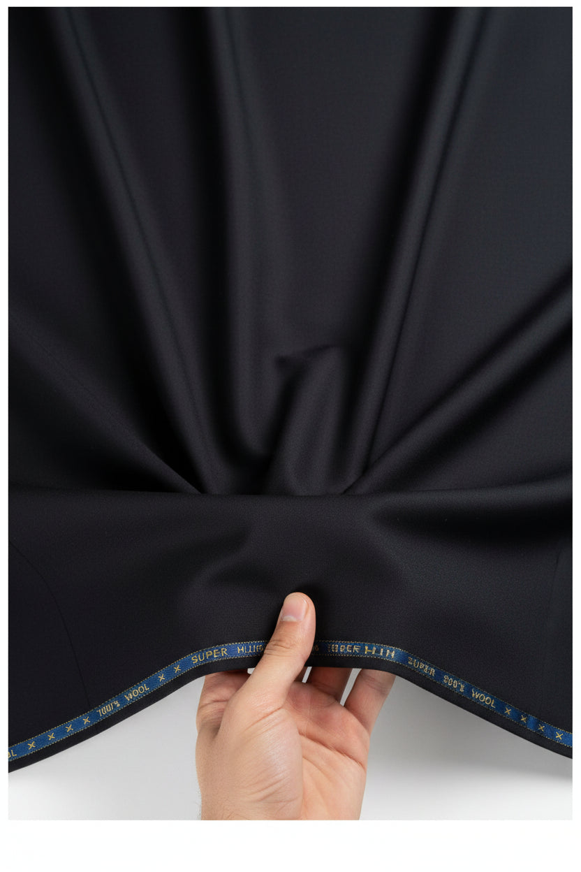 Black Raymond Luxurious Unstitched Polywool Trousers Fabric, detailed close-up showing fabric texture and weave pattern.
