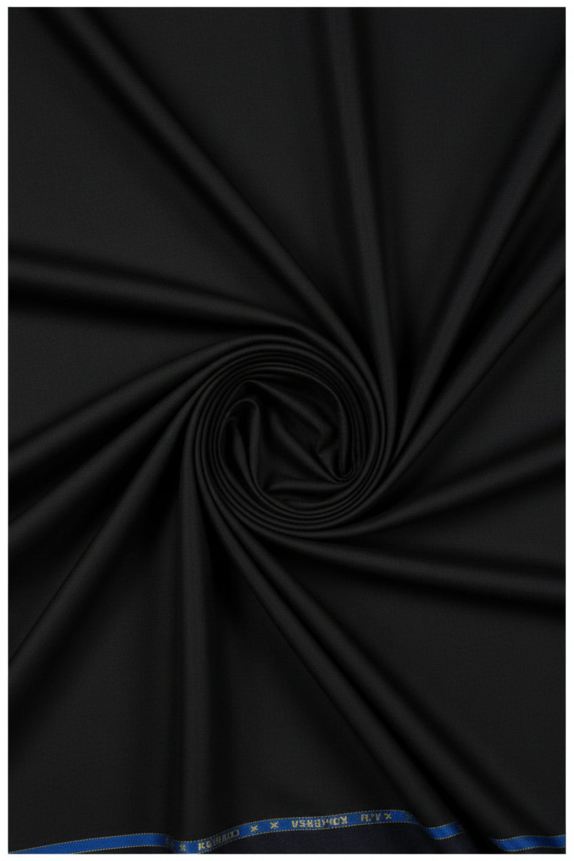 Black Raymond poly wool unstitched trousers and suiting fabric fabric with a smooth, luxurious texture for tailored suits.