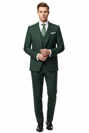 Green Raymond Polyviscose trousers and suiting fabric shown in a close-up image, highlighting the textured fabric and color details.