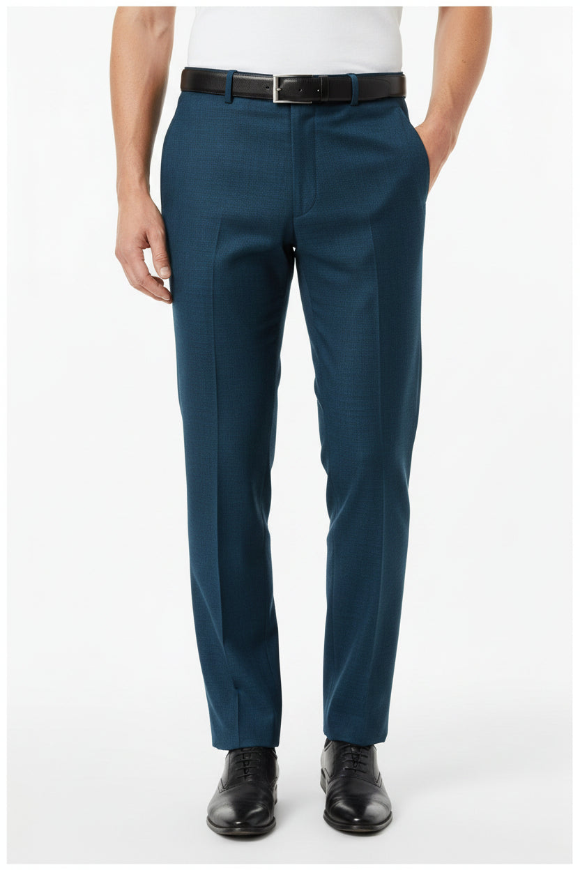 Blue Raymond Polyviscose trousers and suiting fabric with a smooth, woven texture, ideal for formal or office wear.