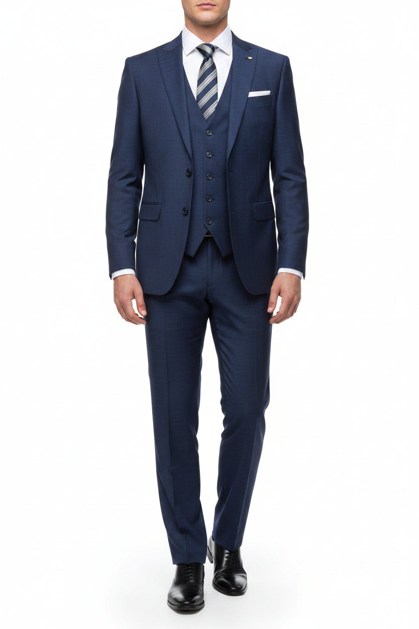 Raymond blue polyviscose trousers and suiting fabric close-up showing smooth texture and fabric weave.