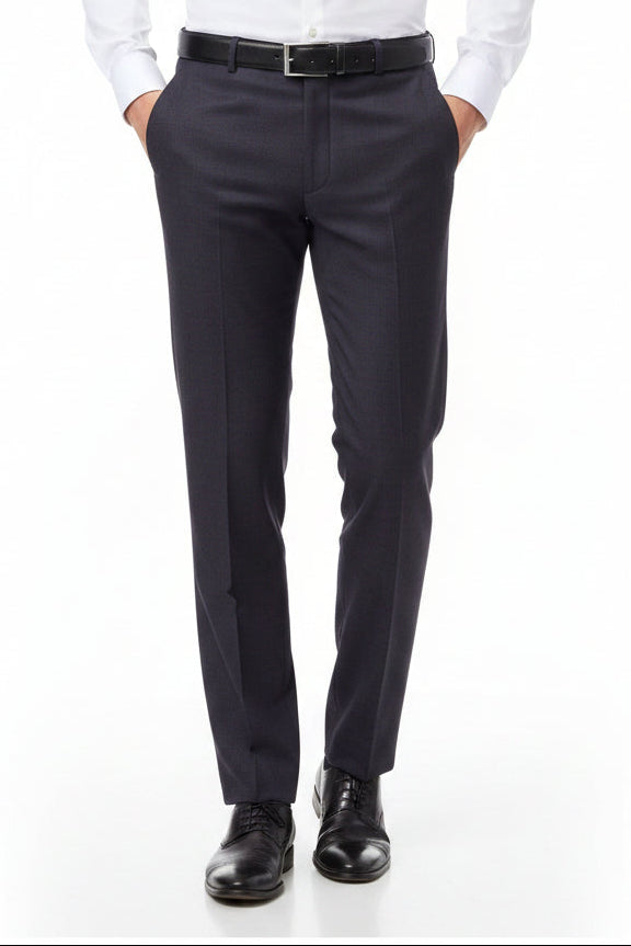 Raymond Polyviscose purple trousers and suiting fabric, close-up of textured fabric with folded edges and vibrant color.