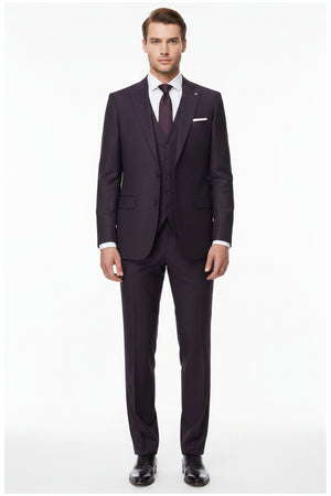 Raymond purple polyviscose trousers and suiting fabric, close-up of the textured purple textile with fabric details.