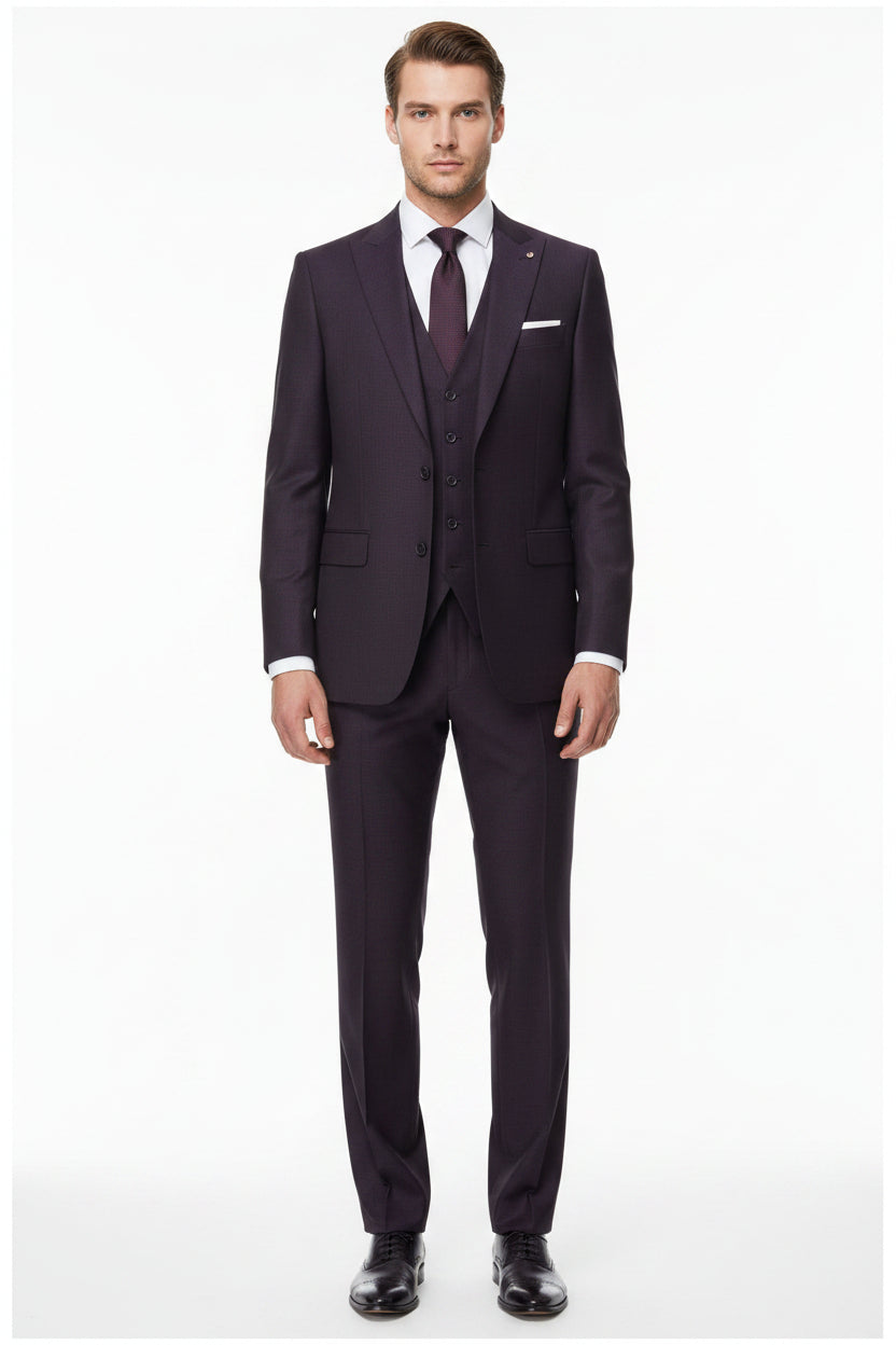 Raymond purple polyviscose trousers and suiting fabric, close-up of the textured purple textile with fabric details.