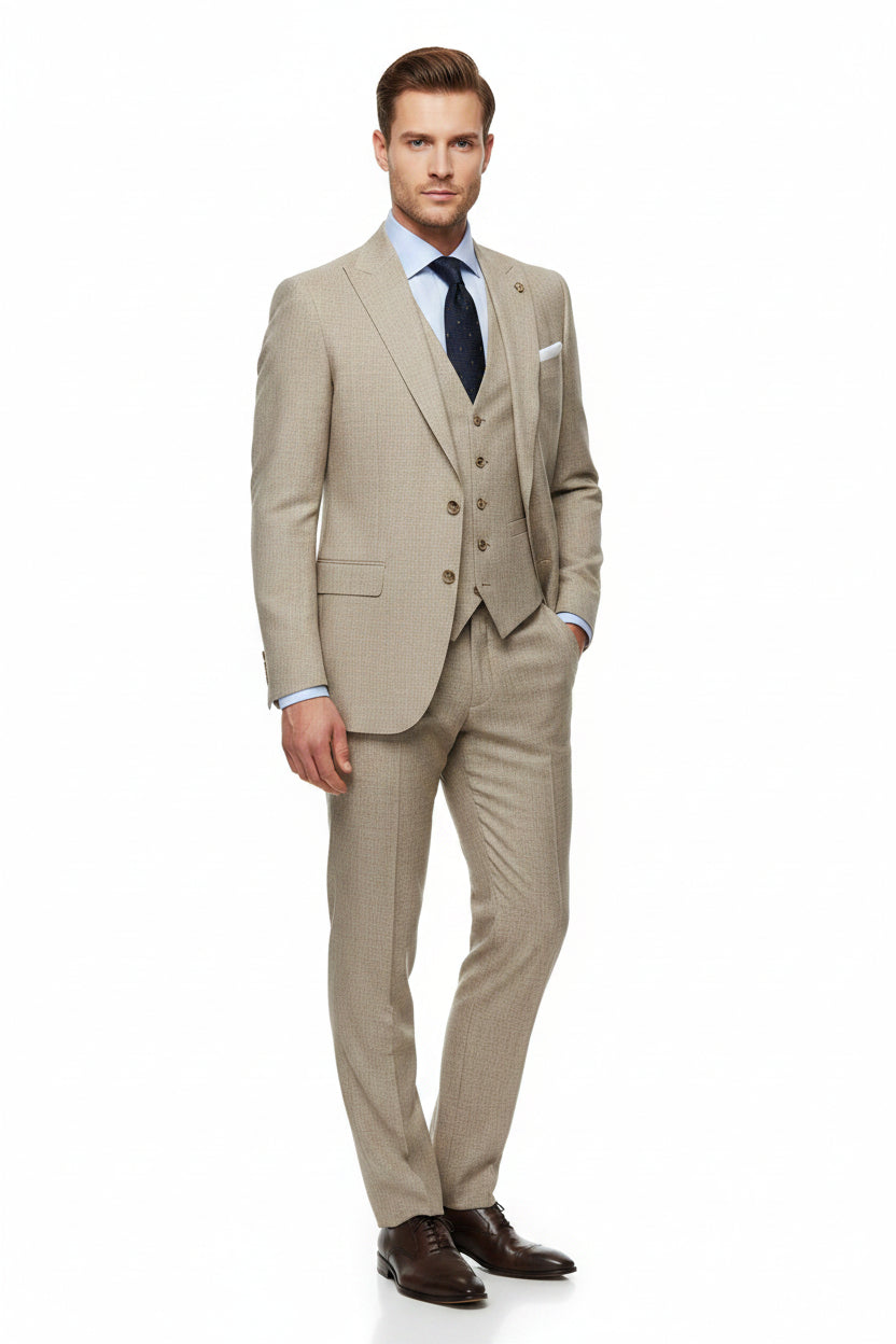 Beige Raymond unstitched TR trouser and suiting fabric for tailoring, shown in a close-up image of the fabric texture and color.