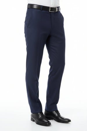 Navy blue Raymond Terry rayon trousers and suiting fabric, close-up of smooth fabric texture and tailored design.