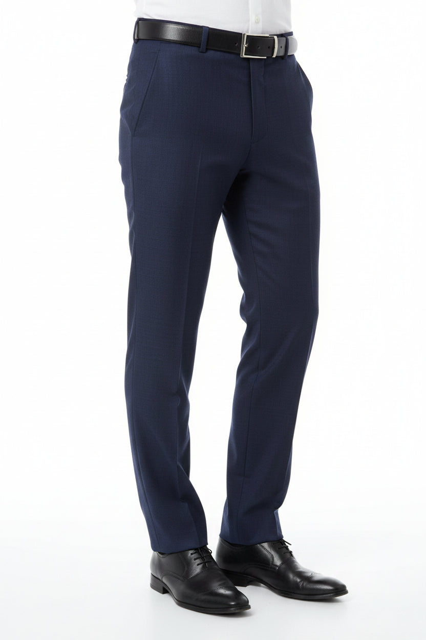 Navy blue Raymond Terry rayon trousers and suiting fabric, close-up of smooth fabric texture and tailored design.