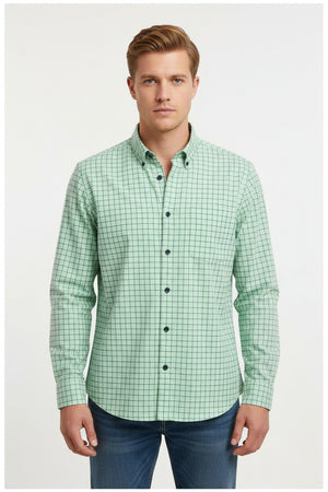 Arvind cotton shirting fabric with jade green checks, unstitched material suitable for shirts, featuring a cotton weave and check pattern.