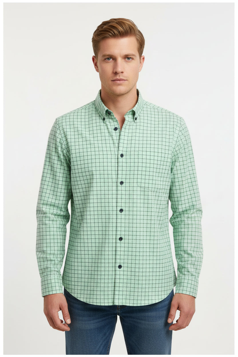 Arvind cotton shirting fabric with jade green checks, unstitched material suitable for shirts, featuring a cotton weave and check pattern.