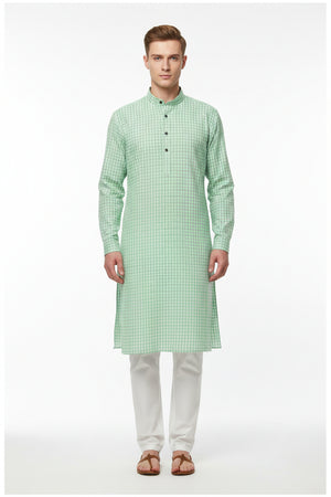Arvind cotton shirting fabric with green checkered pattern, unstitched material ideal for shirts, in jade green color.