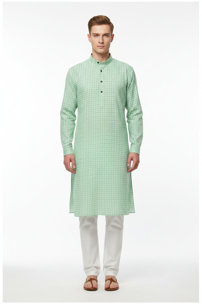 Arvind cotton shirting fabric with green checkered pattern, unstitched material ideal for shirts, in jade green color.