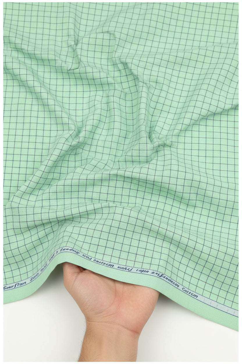 Jade green Arvind cotton shirting fabric with checks, unstitched material for shirts, detailed texture visible in the image.