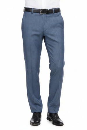 Raymond Polywool trousers and suiting fabric in denim blue with a close-up of the textured material and fabric pattern.