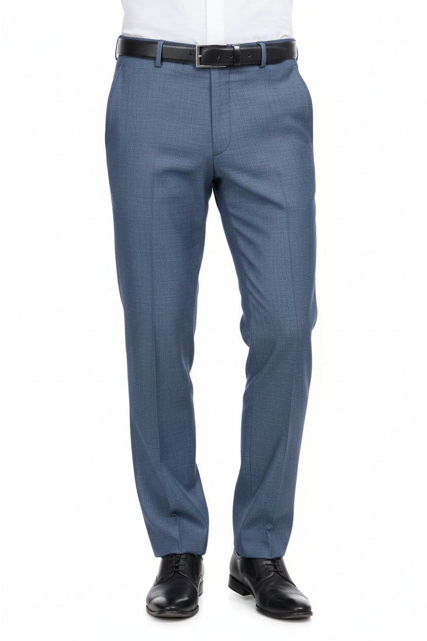 Raymond Polywool trousers and suiting fabric in denim blue with a close-up of the textured material and fabric pattern.