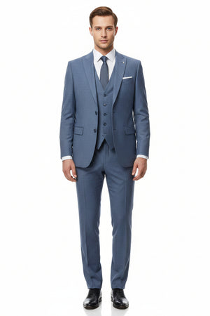 Raymond Polywool trousers and suiting fabric in denim blue, showing close-up of textured textile material.