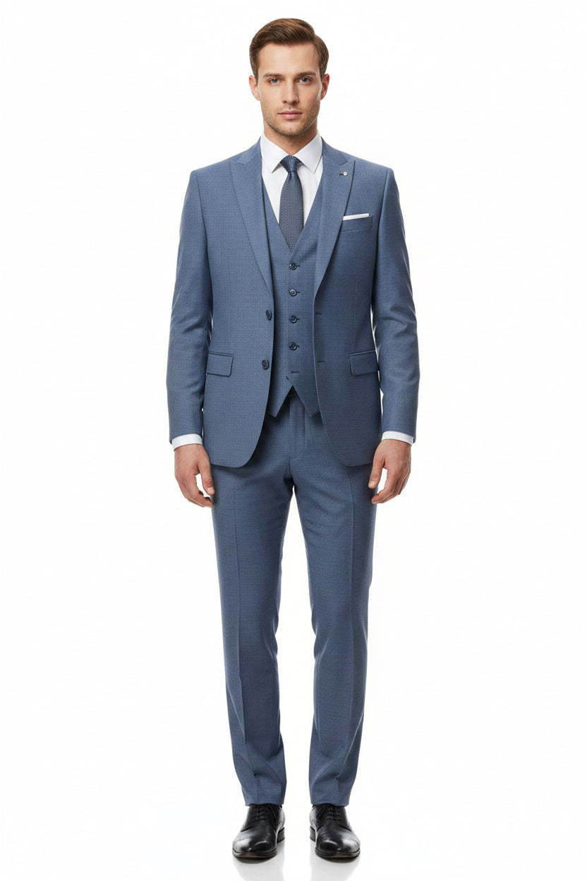 Raymond Polywool trousers and suiting fabric in denim blue, showing close-up of textured textile material.