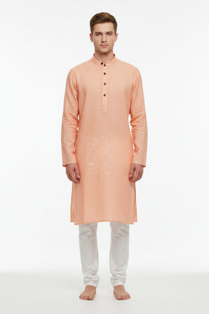 Plain Arvind linen shirt fabric in unstitched material, showcasing the soft, lightweight, natural textile with subtle weave details.