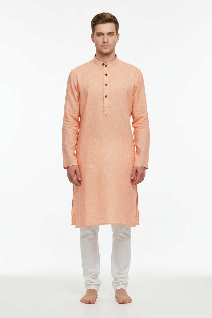 Plain Arvind linen shirt fabric in unstitched material, showcasing the soft, lightweight, natural textile with subtle weave details.